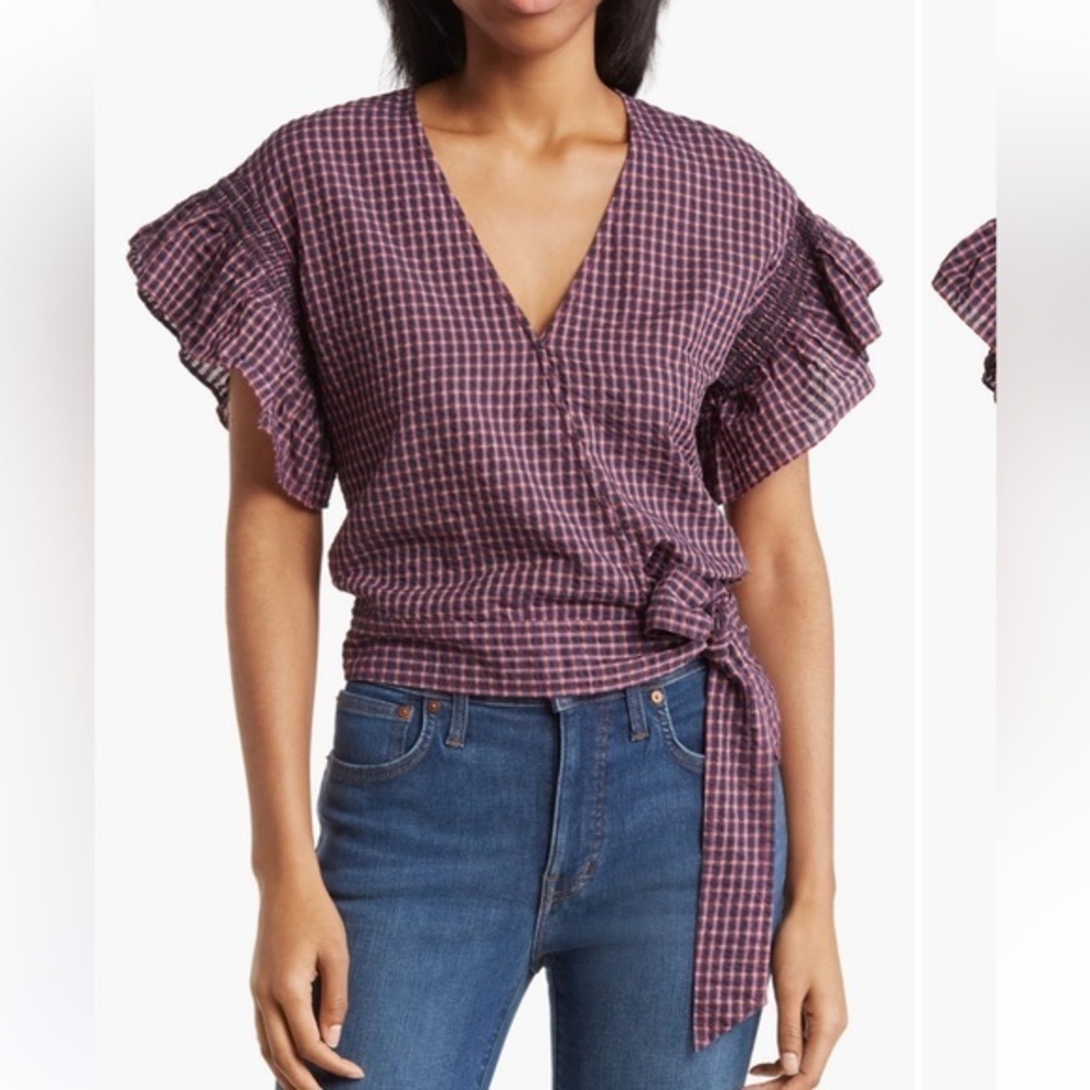 Madewell Flutter-Sleeve Side-Tie Wrap Top in Plaid, Small